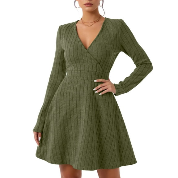 Stichou Women Long Sleeve Ribbed Knit Short Dresses 2025 Fall Winter V Neck Casual Swing A Line Sweater Dress Green M