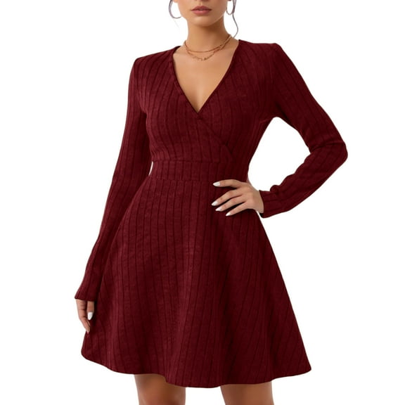 Stichou Women Long Sleeve Ribbed Knit Short Dresses 2025 Fall Winter V Neck Casual Swing A Line Sweater Dress Wine M