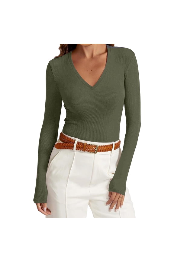 Women Long Sleeve Shirts V Neck Fitted Business Casual Work Tops 2026 Elegant Ribbed Tunic Blouses Army Green XL