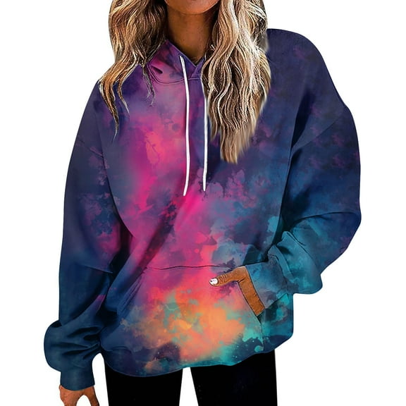 Stichou Women Oversized Hoodies Casual Long Sleeve Loose Fashion Pockets Baggy Drawstring Pullover Tops Tie Dye Gradient Hooded Sweatshirts Blue 4XL