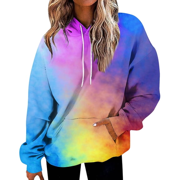 Stichou Women Oversized Hoodies Casual Long Sleeve Loose Fashion Pockets Baggy Drawstring Pullover Tops Tie Dye Gradient Hooded Sweatshirts Multicolor XL