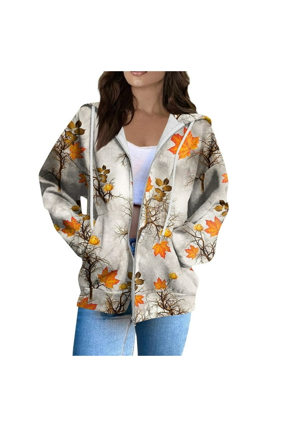 Women Oversized Zip Up Camo Hoodies for Women Leaf Graphic Hooded Sweatshirt Pullover Long Sleeve Fleece Sweater Outfits Orange L
