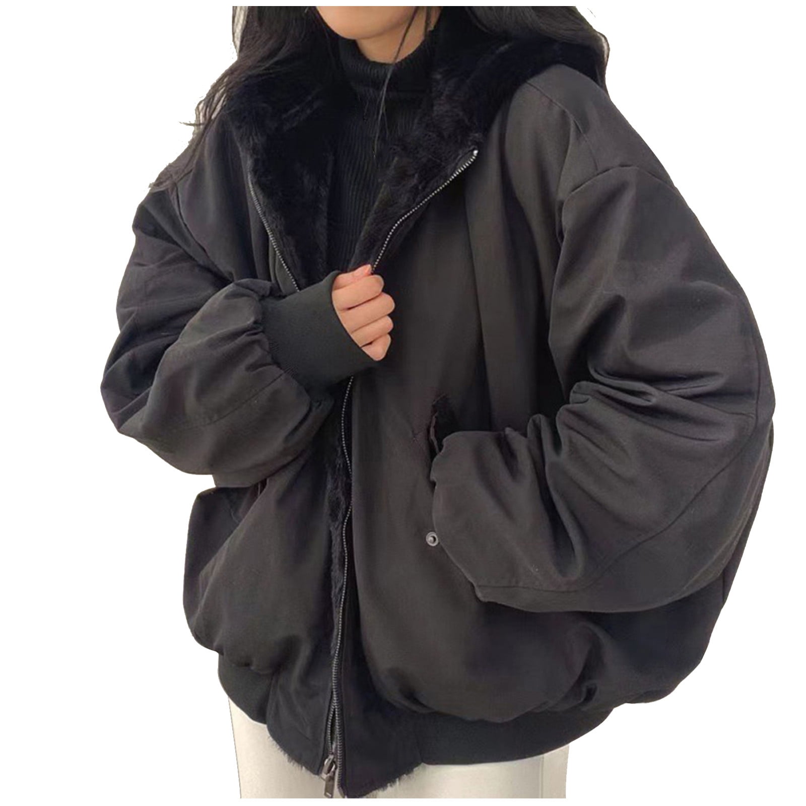 Stichou Women Sherpa Jacket Reversible Y2k Zip Up Hoodie Fleece