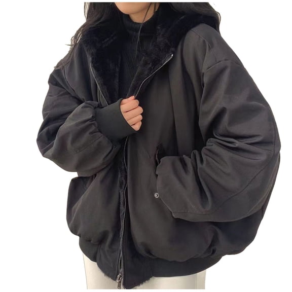 Stichou Women Sherpa Jacket Reversible Y2k Zip Up Hoodie Fleece Faux Fur Grunge 2026 Winter Coat Cutecore Korean Clothes Black XL