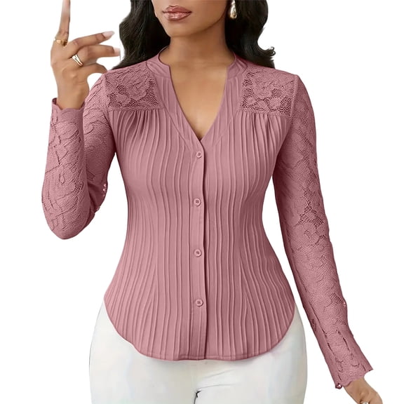 Stichou Women Spring Casual V Neck Plain Lace Elegant Floral Button Down Shirt Long Sleeve Fashion Solid Color Puff Sleeve Loose Fit 2026 Blouses Pink XL