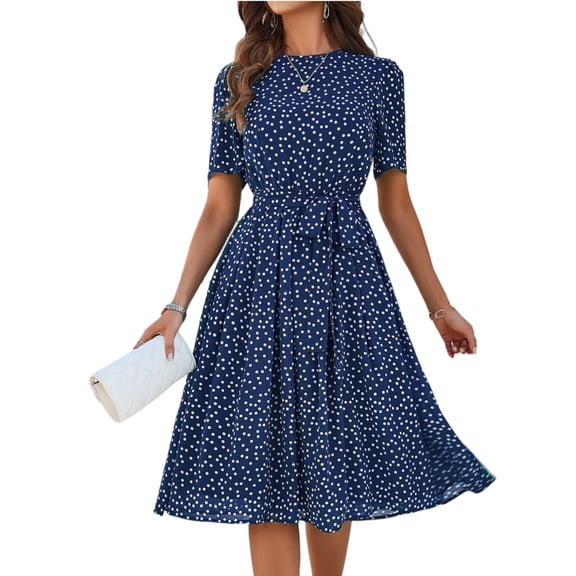 Stichou Women Summer 2026 Beach Dress Elegant Dot Print Long Sleeve Chiffon A Line Casual Sundress Blue XL