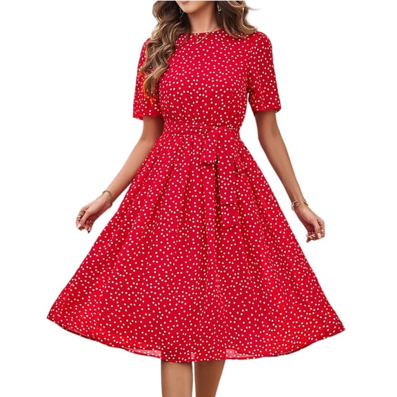 Stichou Women Summer 2026 Beach Dress Elegant Dot Print Long Sleeve Chiffon A Line Casual Sundress Red XL