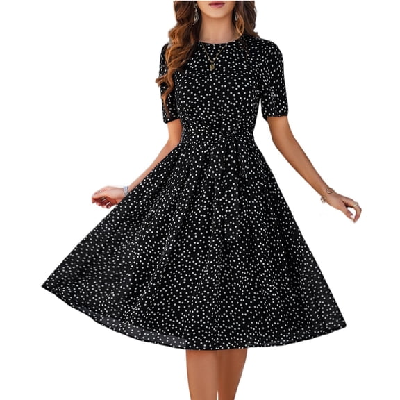Stichou Women Summer O Neck Beach Dress Elegant Dot Print Long Sleeve Chiffon A Line Casual Sundress Black M