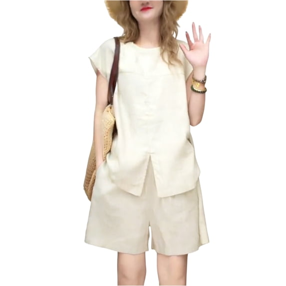 Stichou 2 Piece Sets for Women Summer Outfits Lounge Sets Crew Neck Tops Shorts Womens Vacation Travel Outfits Beige XL
