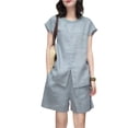 thumbnail image 1 of Stichou Women Two Piece Linen Short Set Drawstring Elastic Waist Pants Round Neck Short Sleeve Shirts Comfy Sweatsuit Soft Outfit Gray 2XL, 1 of 3