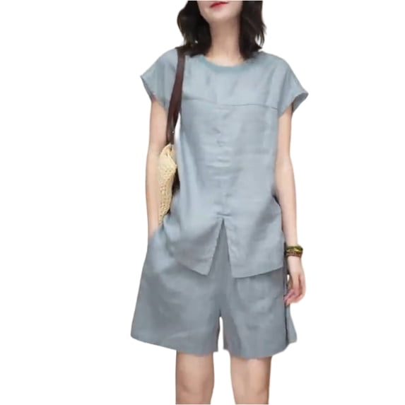 Stichou Women Two Piece Linen Short Set Drawstring Elastic Waist Pants Round Neck Short Sleeve Shirts Comfy Sweatsuit Soft Outfit Gray 2XL