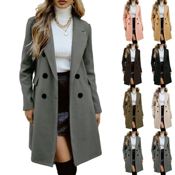 Stichou Women Winter Wool Blend Camel Mid-Long Coat Notch Double-Breasted Lapel Jacket Outwear Gray M