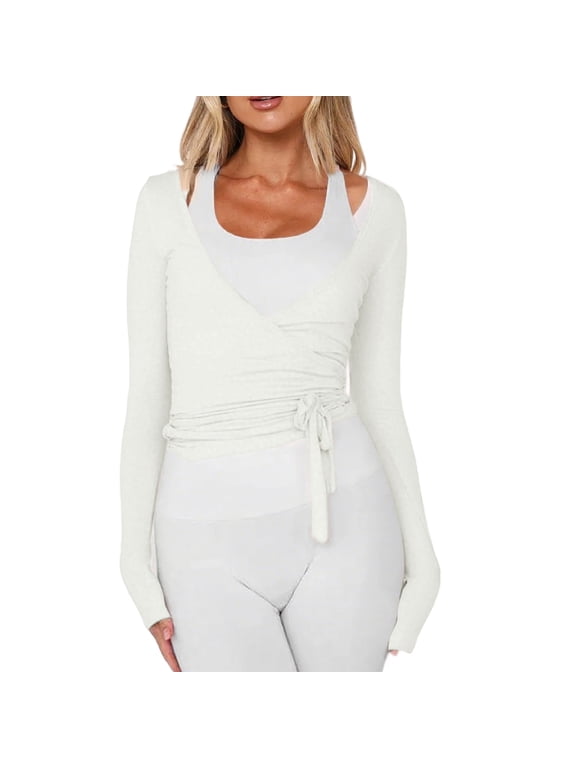 Women Wrap Tie Top Y2k Long SLeeve Ballet Workout Yoga Shirt Comfortable Blouses White S