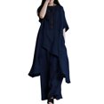 thumbnail image 1 of Stichou Women's 2 Piece Linen Set Solid Color Long Sleeve Irregular Hem Top and Wide Leg Swing Pants Trousers Suits Navy L, 1 of 5