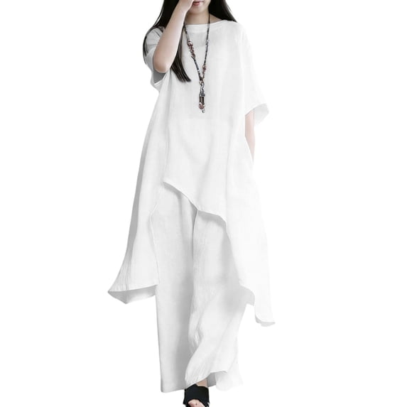 Stichou Women's 2 Piece Linen Set Solid Color Long Sleeve Irregular Hem Top and Wide Leg Swing Pants Trousers Suits White S