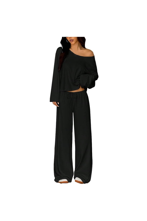 Women's 2 Piece Matching Lounge Sets Off The Shoulder 2026 Vacation Airport T Shirt with Flowy Wide Leg Pants Lightweight Long Sleeve Lounge Set Black 2XL