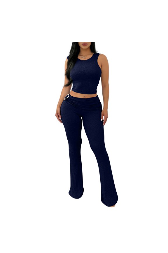 Women's 2 Piece Outfits Sleeveless Crop Tank Top and High Waisted Flared Pants Set Casual Tracksuit Navy XL