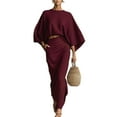 thumbnail image 1 of Stichou Women's 2 Piece Outfits - Spring Summer Batwing Crop Top High Waisted Maxi Skirt Elegant Party Cocktail Dress with Pockets Wine XL, 1 of 4