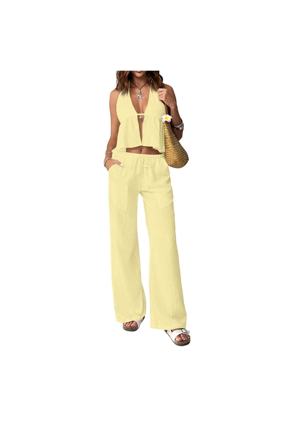 Women's 2 Piece Sets Sleeveless Open Back Halter Tops & Wide Leg Pants Y2K Summer Fashion Going Out Outfits Yellow S