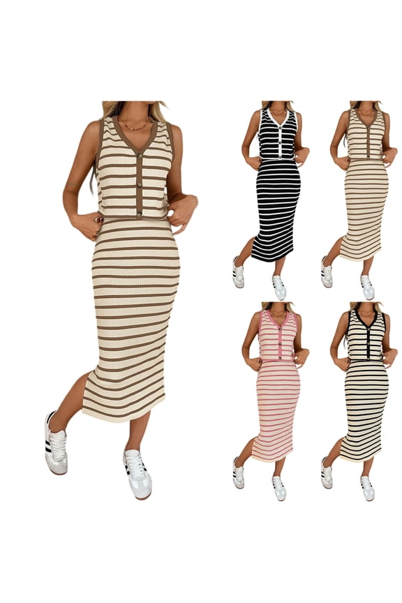 Women's 2 Piece Skirt Set Cotton V Neck Faux Button Tank Tops Matching High Waist Midi Skirt 2026 Summer Spring Vacation Outfits Beige S