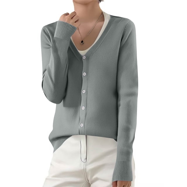 Stichou Women's 2025 Fall Cardigan Sweaters Lightweight V-Neck Long Sleeve Open Front Button Up Knitted Cardigans Outerwear Gray S