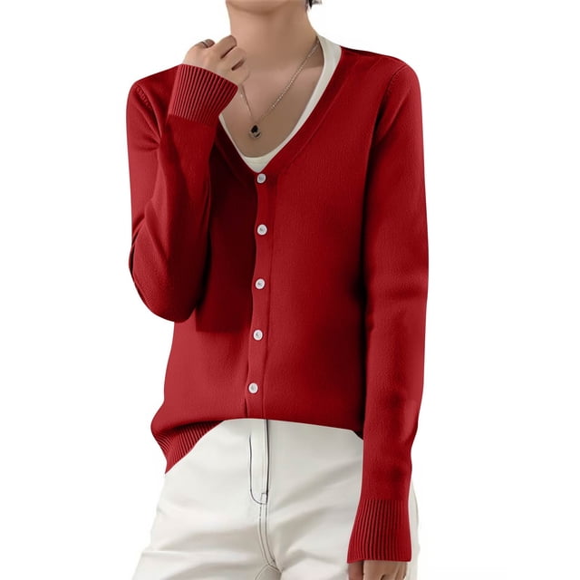 Stichou Women's 2025 Fall Winter Cardigan Sweaters Lightweight V-Neck Long Sleeve Open Front Button Up Knitted Cardigans Outerwear Wine XL