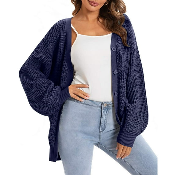 Stichou Women's 2025 Fashion Casual Oversized Open Front Batwing Long Sleeve Chunky Knit Cardigans Sweaters Outerwear Coats Dark Blue XL