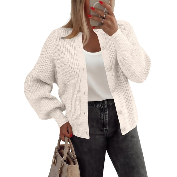 Stichou Women's 2025 Long Sleeve Cardigan Sweater Fall Winter Crew Neck Button Open Front Chunky Knit Outfits White S