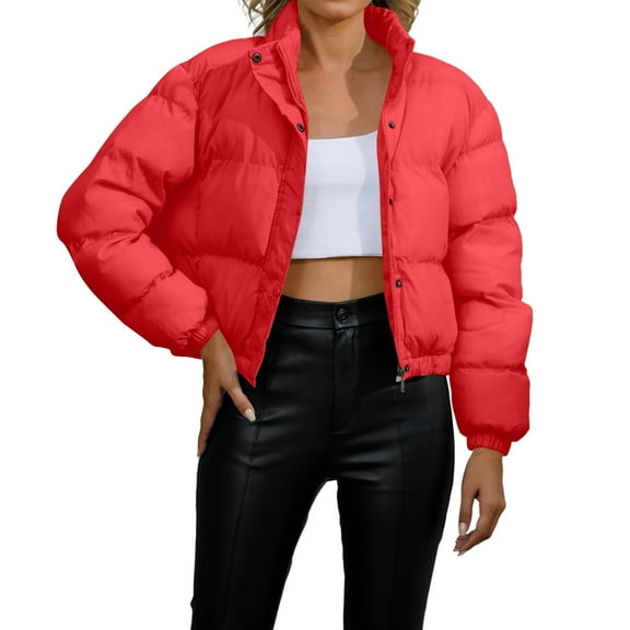 Stichou Women's 2025 Winter Long Sleeve Zip Puffer Jacket Pockets Baggy Short Coats Red L