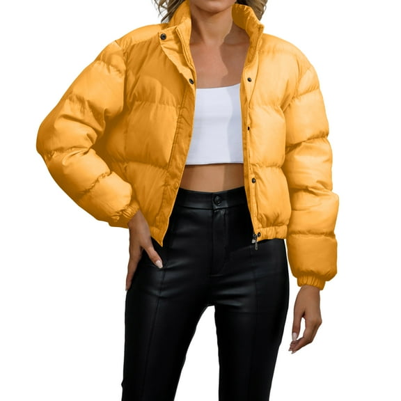 Stichou Women's 2025 Winter Long Sleeve Zip Puffer Jacket Pockets Baggy Short Coats Saffron L