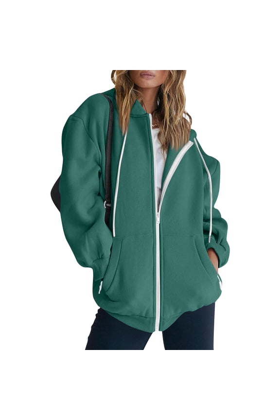 Women's 2025 Zip Up Y2K Hoodies Casual Long Sleeve Sweatshirts Fall Spring Track Jackets with Pockets Dark Green 2XL