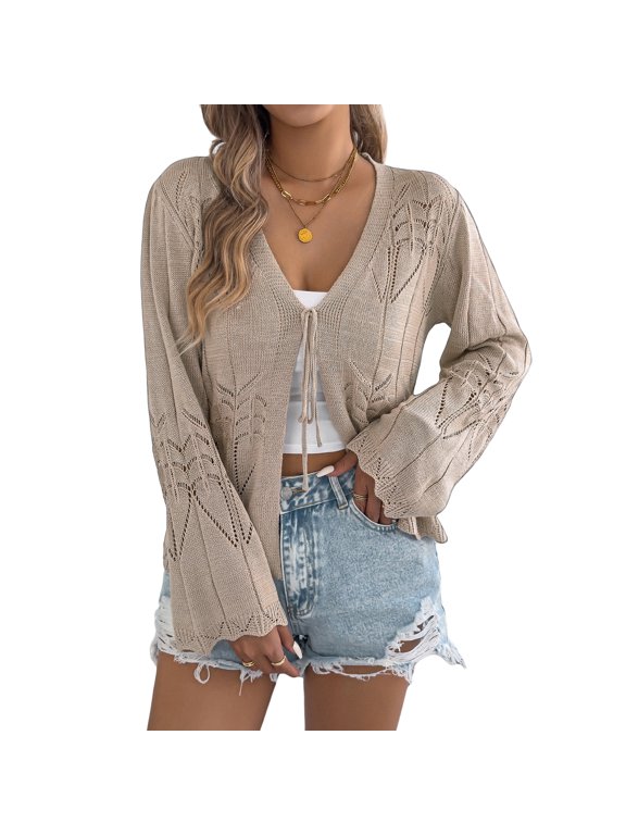 Women's Boho Crochet Sheer Mesh Beach Cover-Up Open Front Loose Knit Cardigan Sweaters Casual Tops Khaki M