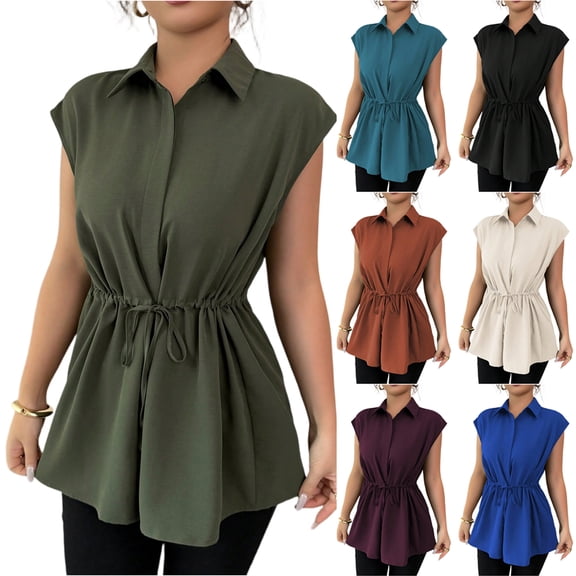 Stichou Women's 2026 Elegant Sleeveless Shirts Collared Spring Summer Button Down Tie Front Tunic Top Work Peplum Blouse Army Green 2XL