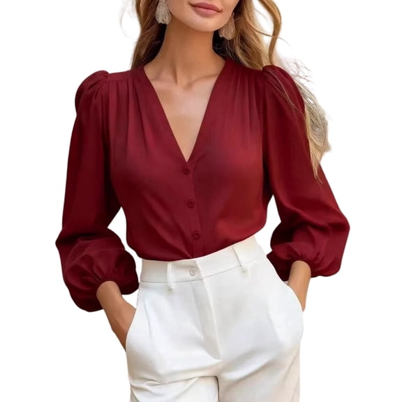 Stichou Women's 2026 Lantern Long Sleeve Ruched V Neck Blouse Business Work Button Down Shirts Red M