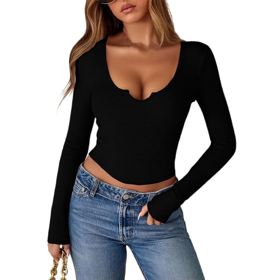 Stichou Women's 2026 Long Sleeve Scoop Neck V Notch Ribbed Slim Fitted Casual Basic Crop Top Black S