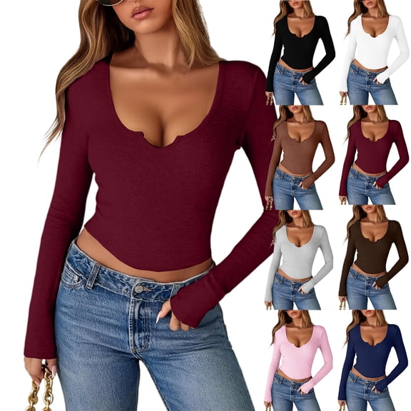 Stichou Women's 2026 Long Sleeve Scoop Neck V Notch Ribbed Slim Fitted Casual Basic Crop Top Wine S