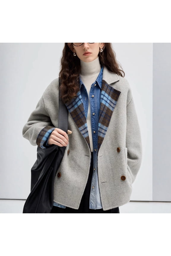 Women's 2026 Plaid Notch Lapel Wool Coat Loose Dressy Reversible Blazer Jacket Double Breasted Pea Coat Blue M