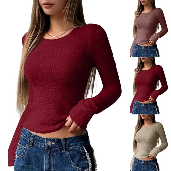 Stichou Women's 2026 Plush Knit Long Sleeve Top - Round Neck Fitted T-Shirt Deep Red L
