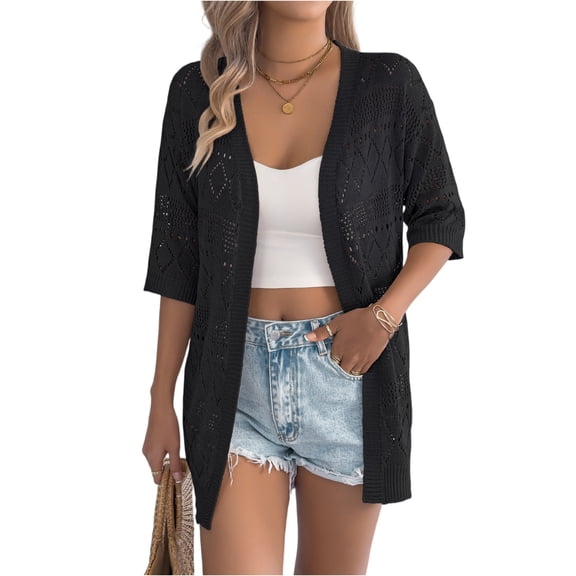 Stichou Women's 2026 Short Sleeve Crochet Cardigan Sweater for Summer Spring Lightweight Black S