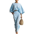 thumbnail image 1 of Stichou Women's 2026 Spring Summer 2 Piece Outfits Elegant Batwing Sleeve Crop Top with Bodycon Long Skirt Sets for Party Casual Sky Blue M, 1 of 4