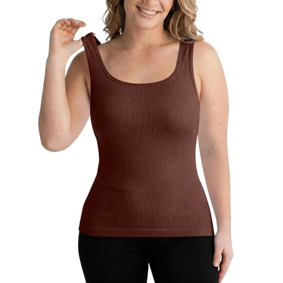 Stichou Women's Summer Square Neck Tank Tops Workout Cropped Ribbed Camisole Sleeveless Clothes Coffee L