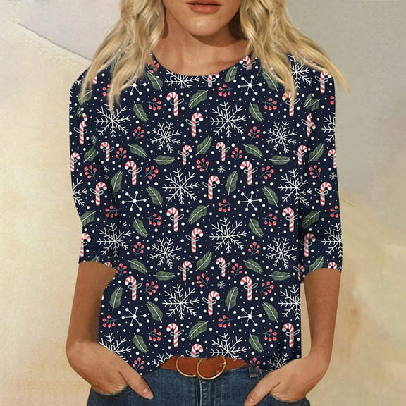 Stichou Women's 3/4 Sleeve Shirts Christmas Plus Size Candy Cane Print Funny Xmas Winter T-Shirts Crewneck Loose Fit Tunic Tops Family Party Matching Blouses Blue 3XL