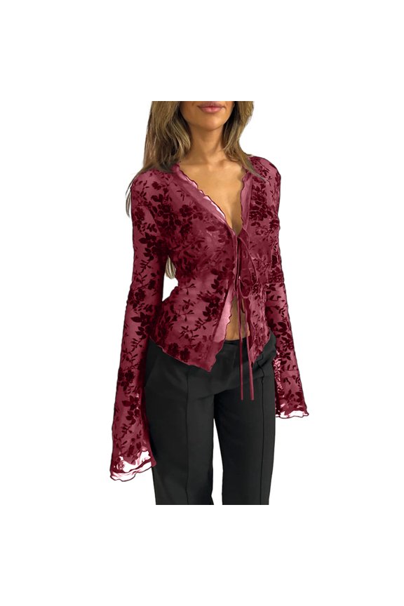 Women's Bell Sleeve Tie Front Mesh Tops Sheer Cardigan Ruffle Going Out Concert Summer Spring Vintage Blouse Shirt Wine M