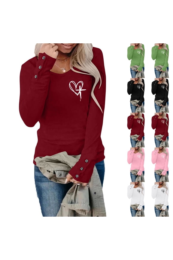 Women's Blessed Jesus Cross Letter Print Long Sleeve Sweatshirt Pullover Tops Faith Shirt Red L