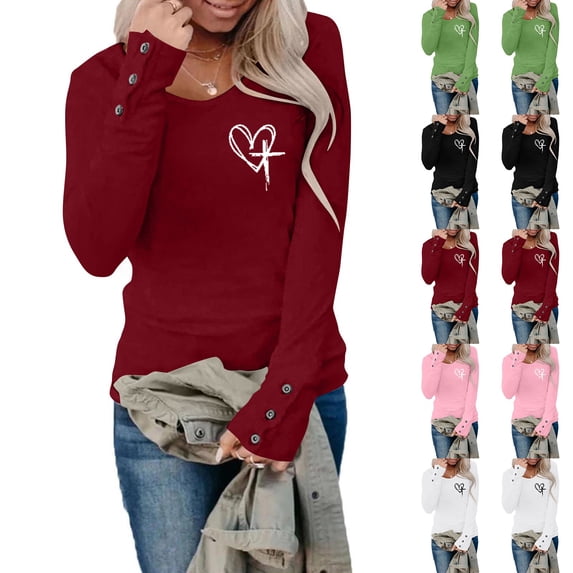 Stichou Women's Blessed Jesus Cross Letter Print Long Sleeve Sweatshirt Pullover Tops Faith Shirt Red S