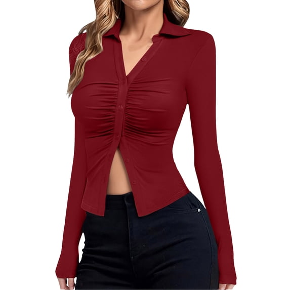 Stichou Women's Button Down Ruched Blouse Long Sleeve Shirts Slim Fit Aesthetic Spring Summer Tops Red L