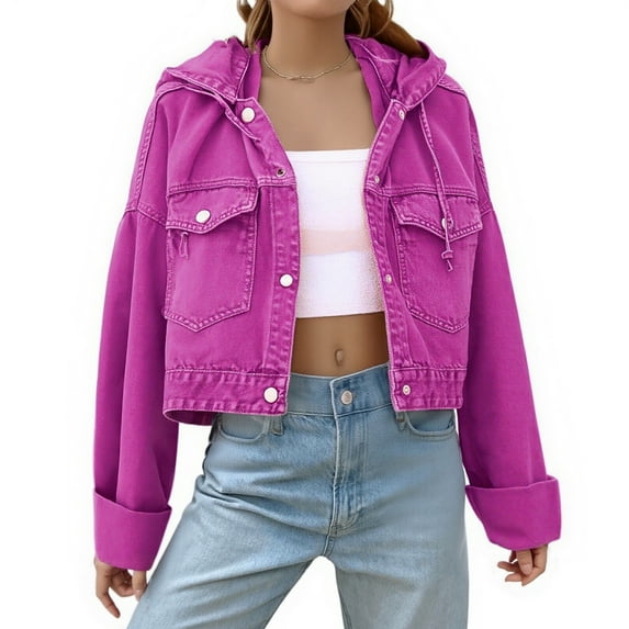 Stichou Women's Candy Color Denim Jacket Relaxed Fit Casual Jean Trucker Jacket Hot Pink S