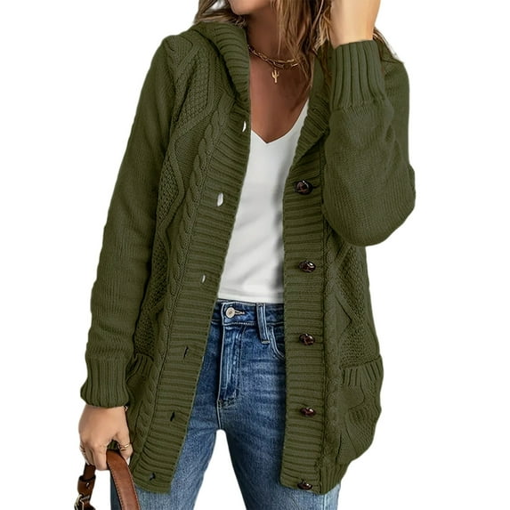 Stichou Women's Cardigan Sweaters Hooded Fleece Lined Button Down Front Jackets Winter Coat with Pockets Army Green 2XL