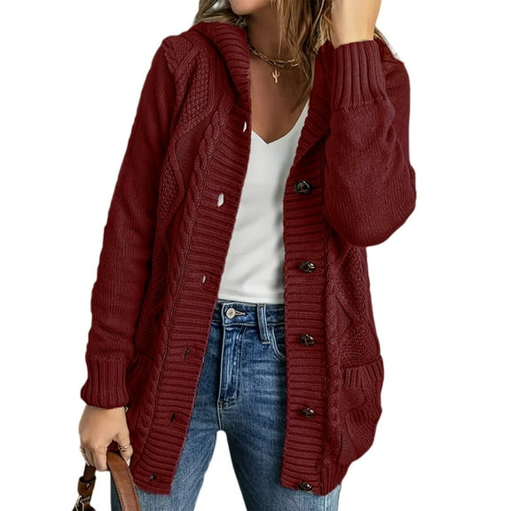Stichou Women's Cardigan Sweaters Hooded Fleece Lined Button Down Front Jackets Winter Coat with Pockets Wine 3XL