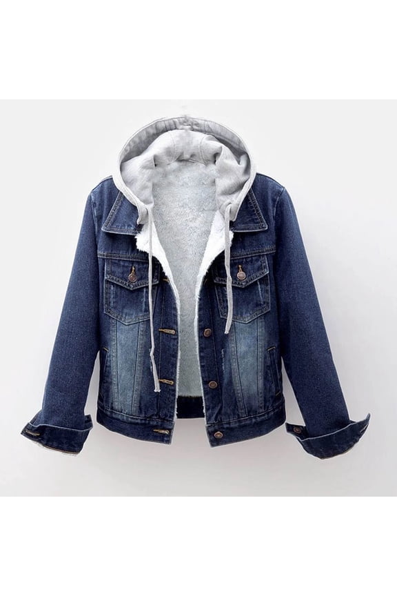 Women's Casual Hoodie Denim Jacket Long Sleeve Button Down Jean Coat Vintage Fleece Slim Fit Washed Trucker Jackets Dark Blue L
